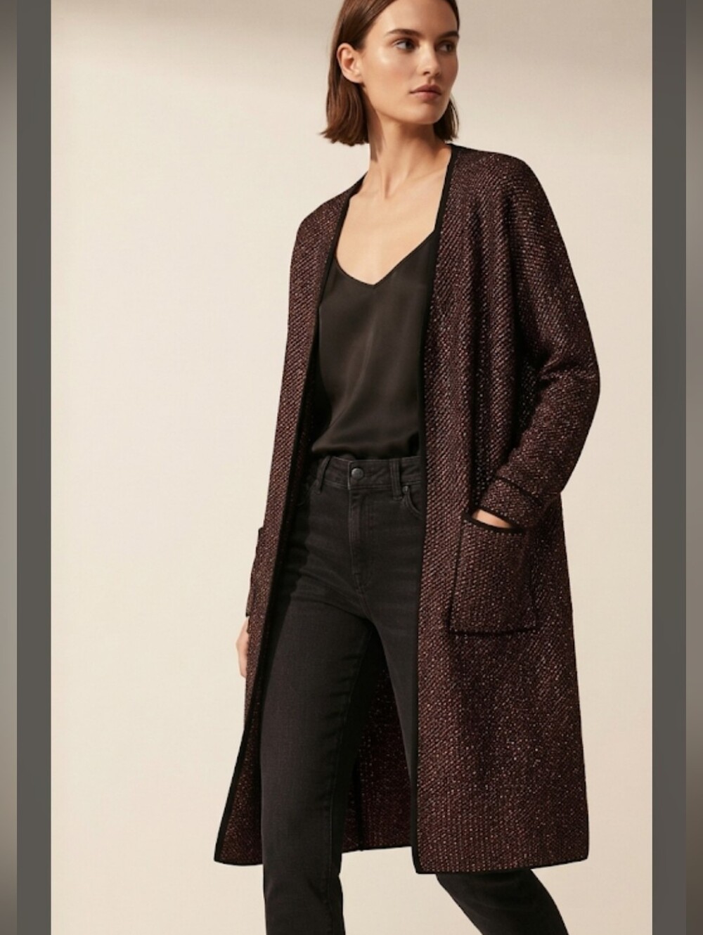 Zara Longline Open Knit Coat in Deep Burgundy S.